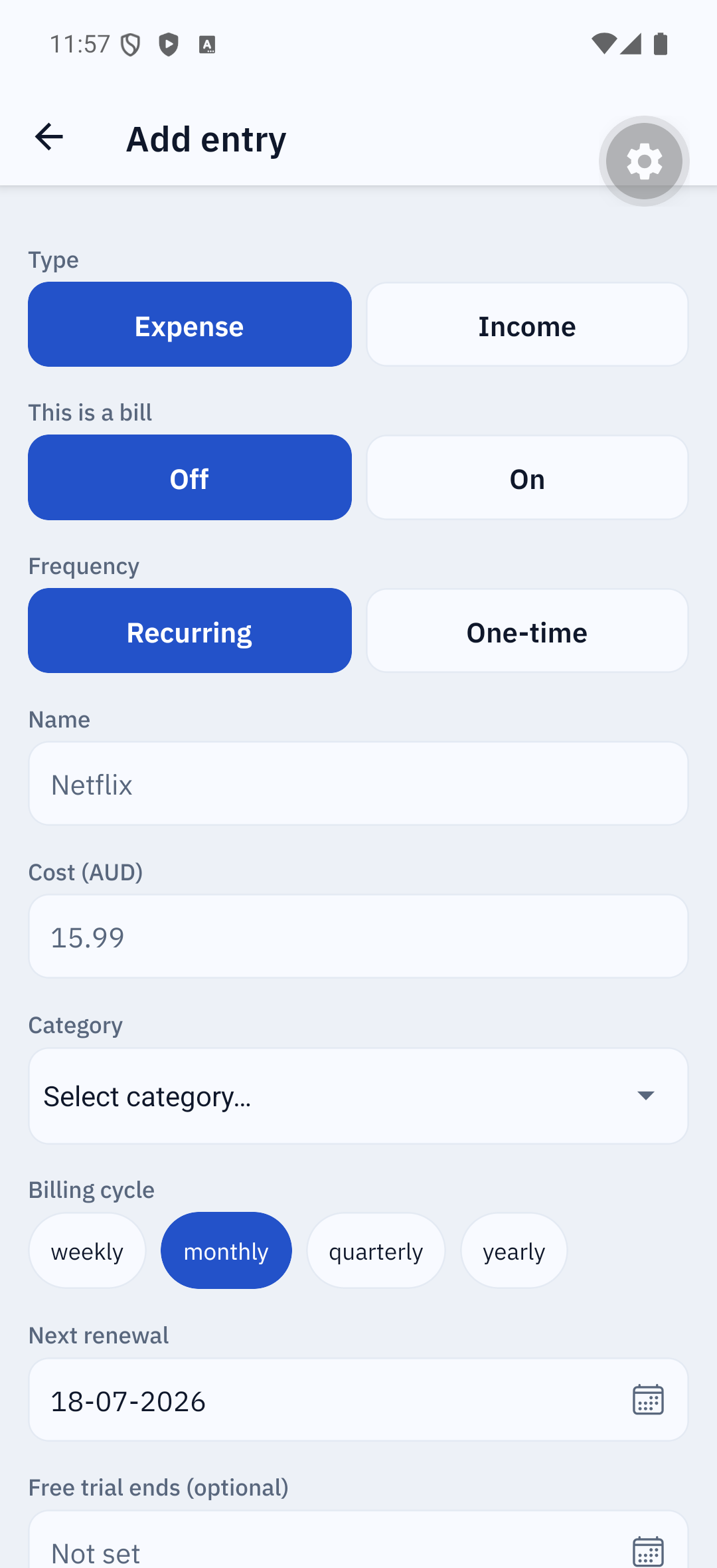 Add-entry form with name, amount, category and billing cycle