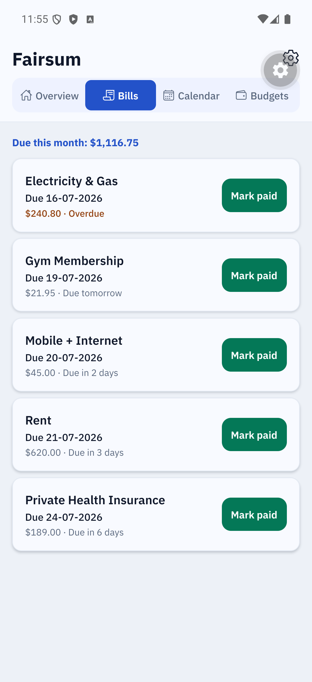 Bills tab — due and overdue bills, each with a Mark paid button