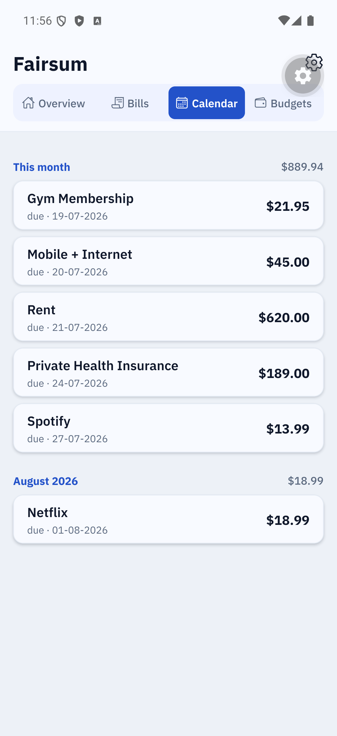 Calendar tab — upcoming bills and renewals by month
