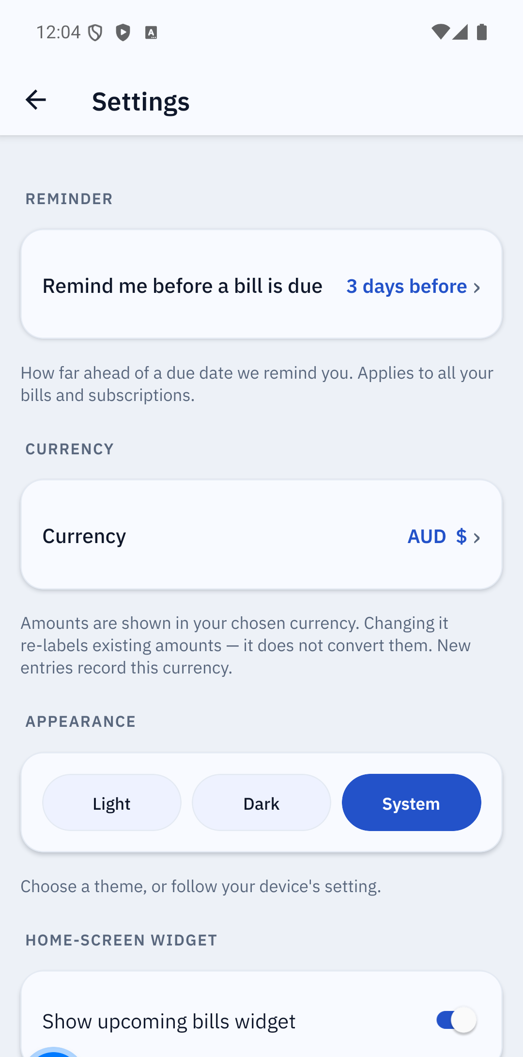 Settings screen — reminder, currency, appearance and widget options