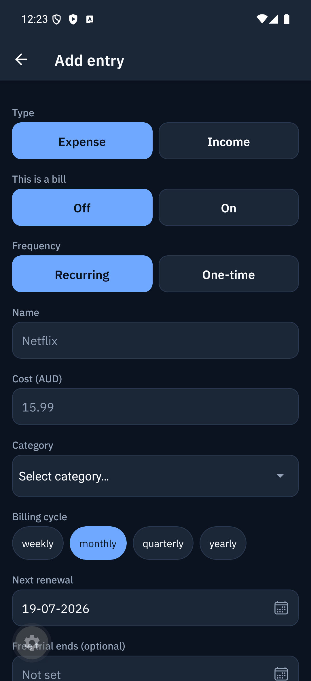 Add-entry form with name, amount, category and billing cycle