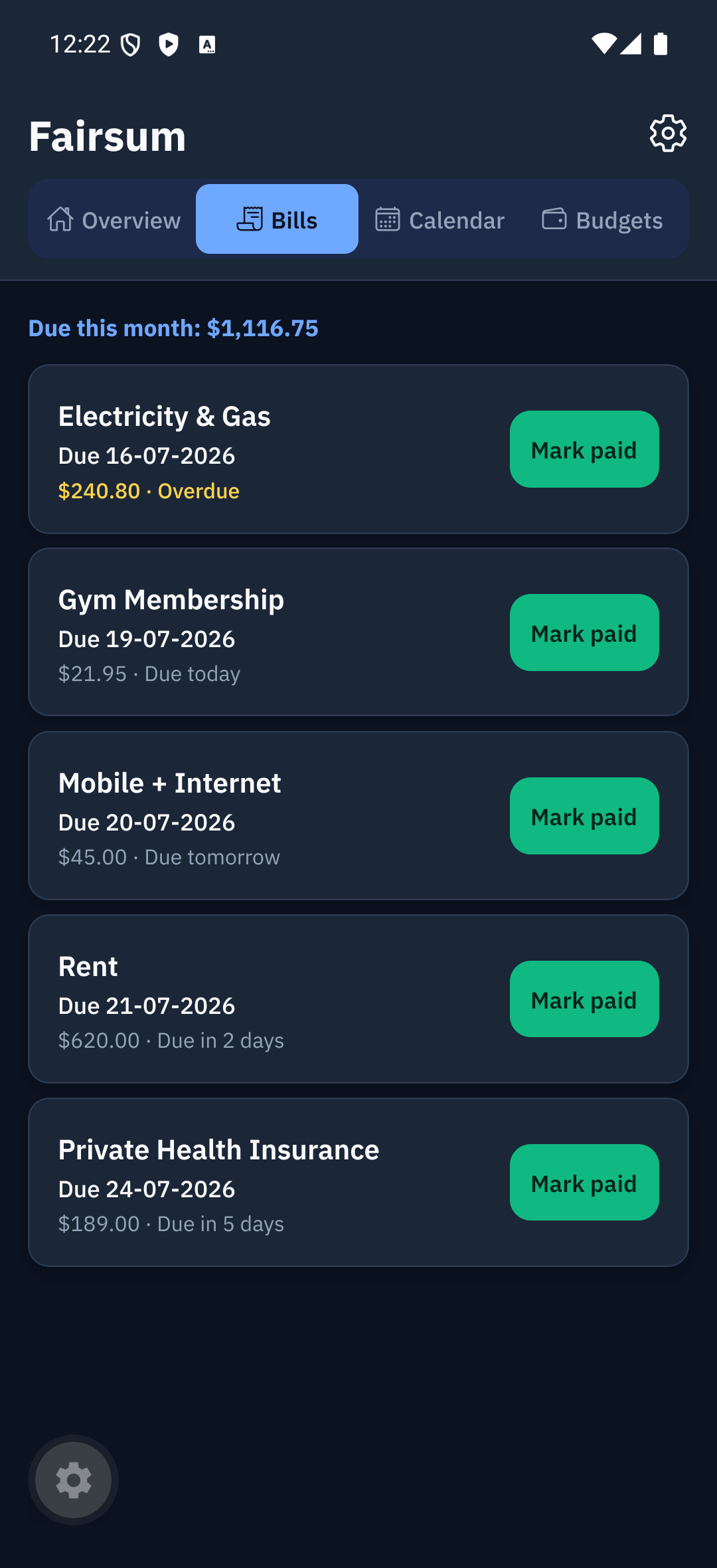 Bills tab — due and overdue bills, each with a Mark paid button