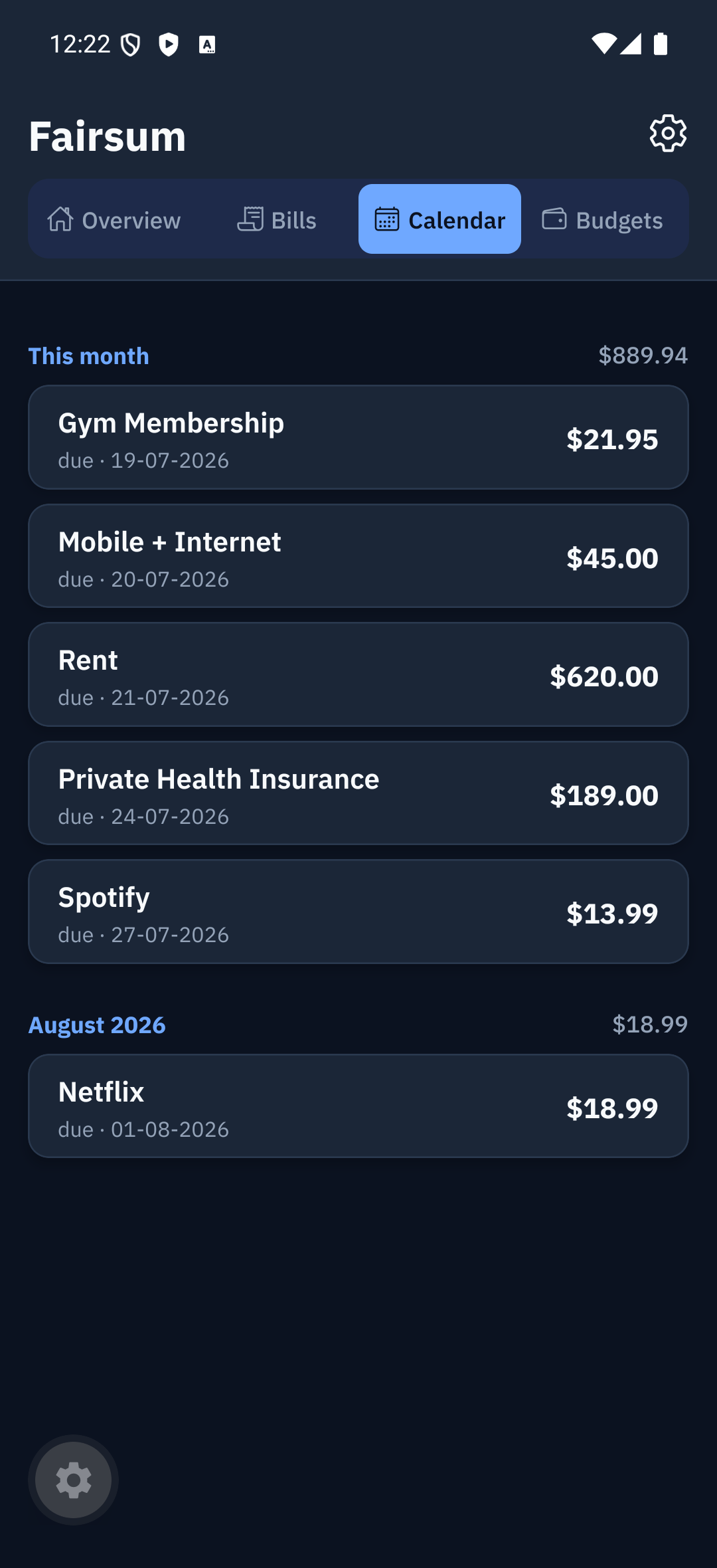Calendar tab — upcoming bills and renewals by month