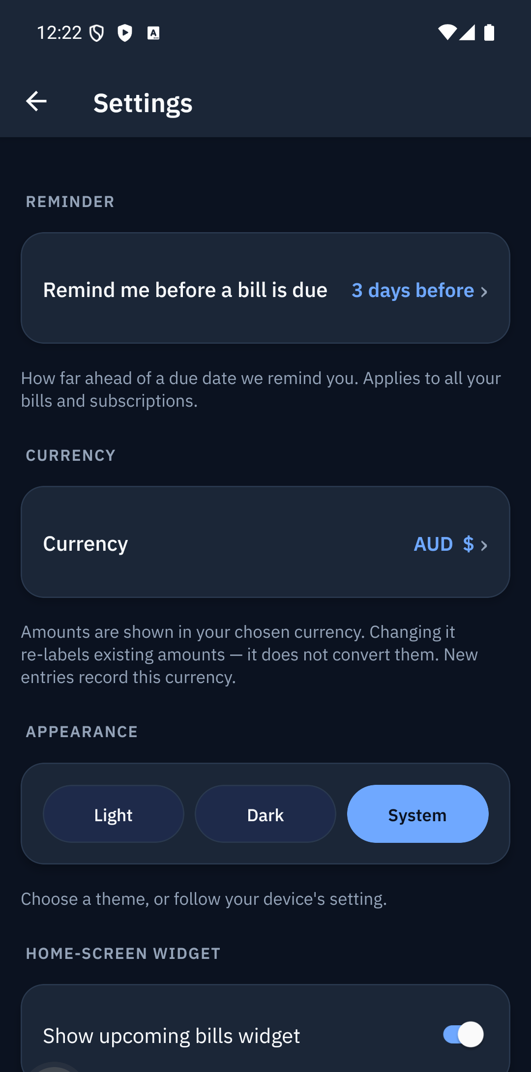 Settings screen — reminder, currency, appearance and widget options